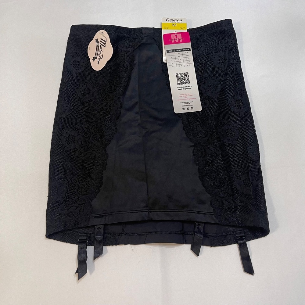 NWT Maidenform Flexees M Black Lace Half Slip Firm Control Shapewear Garter 1034